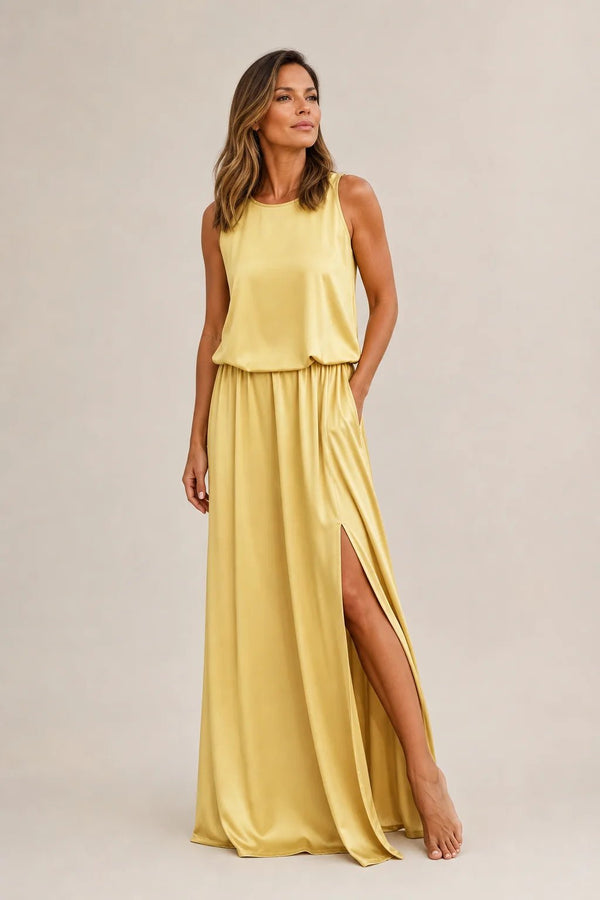 Sofaine Colette sleeveless round-neck maxi dress in pale yellow with side slit, worn front view