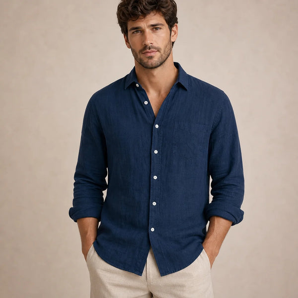 Sofaine Leo men's long-sleeve linen shirt in Navy Blue, worn front hero