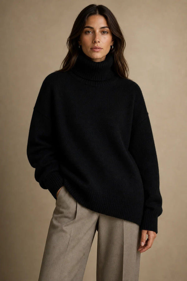 Sofaine Nova oversized knit turtleneck sweater in black, worn front view with taupe trousers