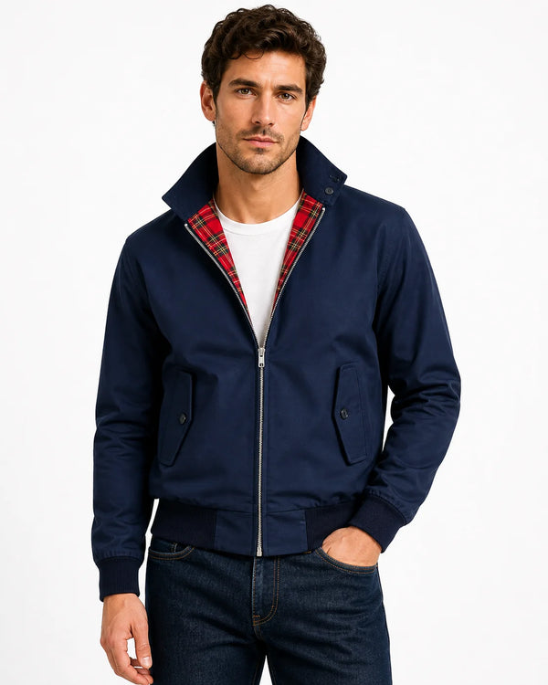 Sofaine Theodore Harrington bomber jacket in Dark Blue, worn front hero