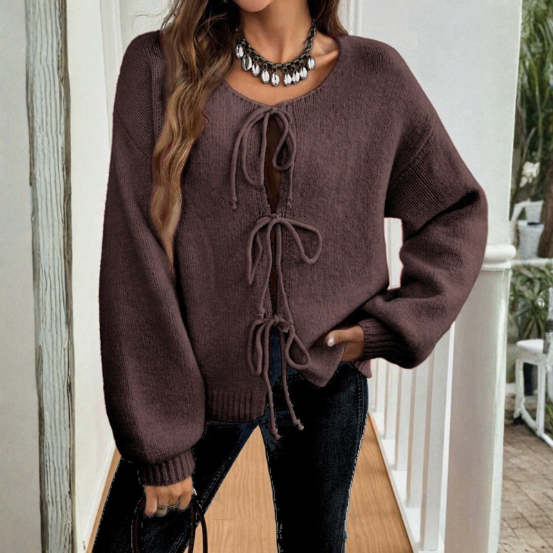 Lilly | Cardigan med bindebånd i Brun, forfra