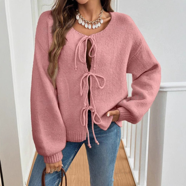 Lilly | Cardigan med bindebånd i Lyserød, forfra
