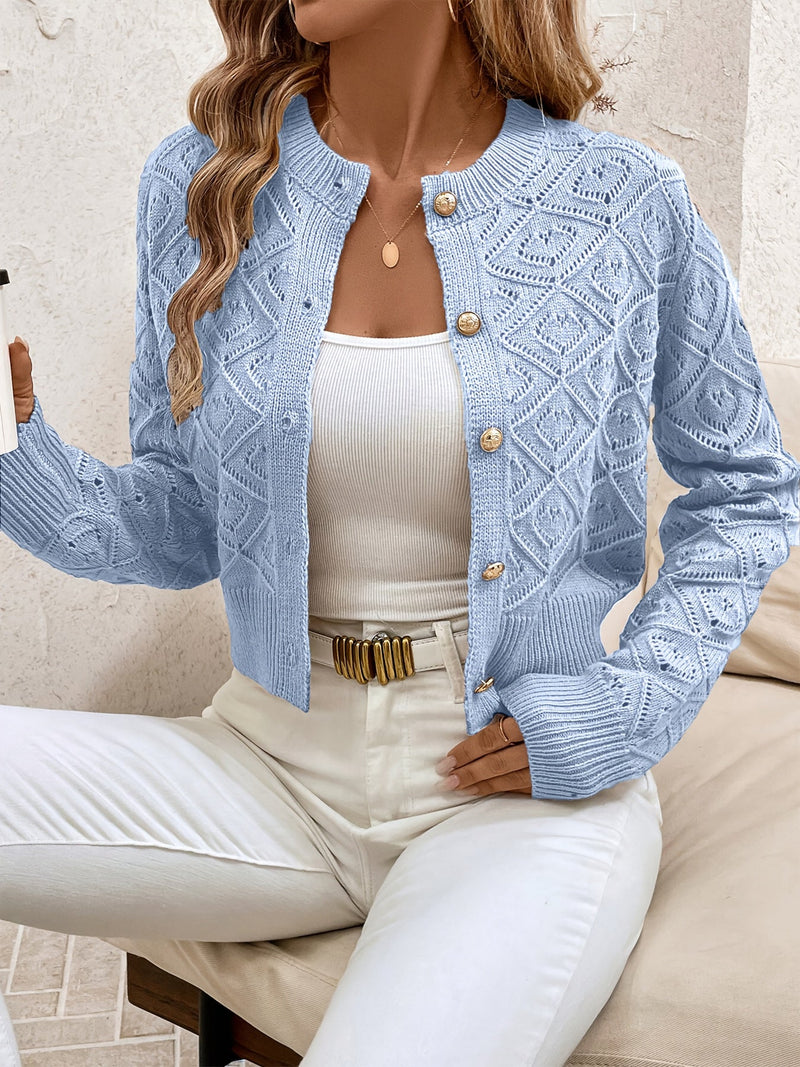 Cardigan Dame Cropped i Strik med Knapper i Blå, produktbillede