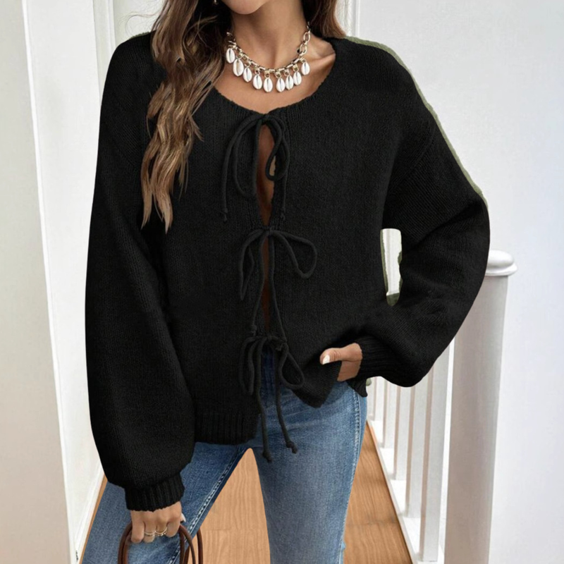 Lilly | Cardigan med bindebånd i Sort, forfra
