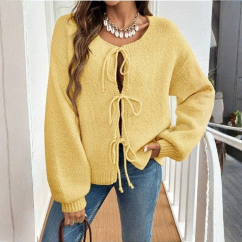 Lilly | Cardigan med bindebånd i Gul, forfra