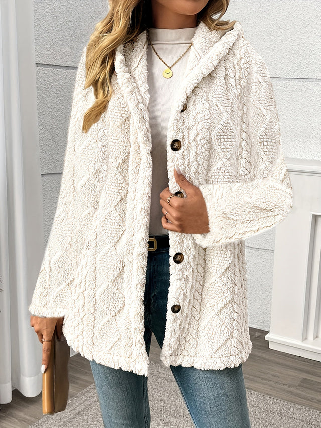 Teddy Jakke Dame Uld-look med Hætte og Knapper i Hvid, produktbillede