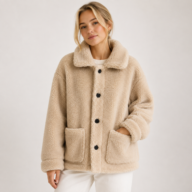 Nikoline | Teddyfrakke i Beige, forfra