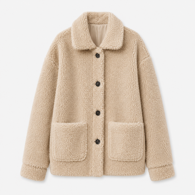 Nikoline | Teddyfrakke i Beige, forfra