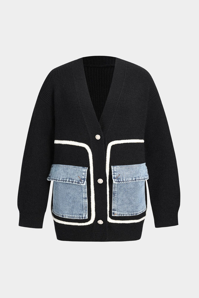 Edith | Cardigan med denimlommer i Sort, forfra
