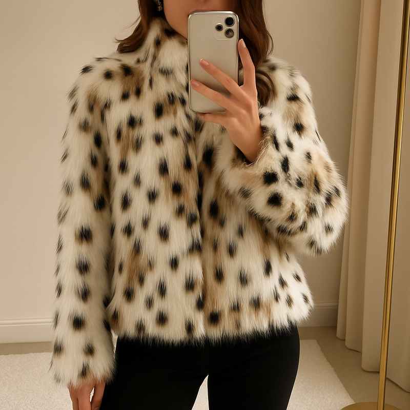 Alva | Faux fur-jakke i Leopard, detalje