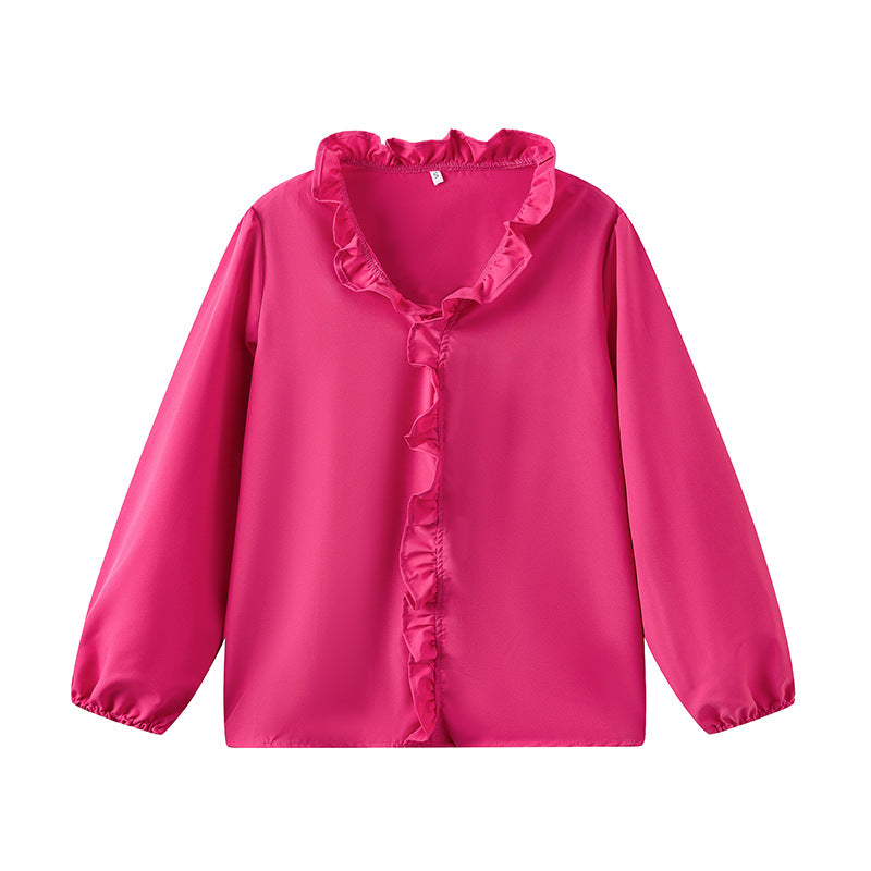 Helvig | Bluse med flæser i Pink, forfra