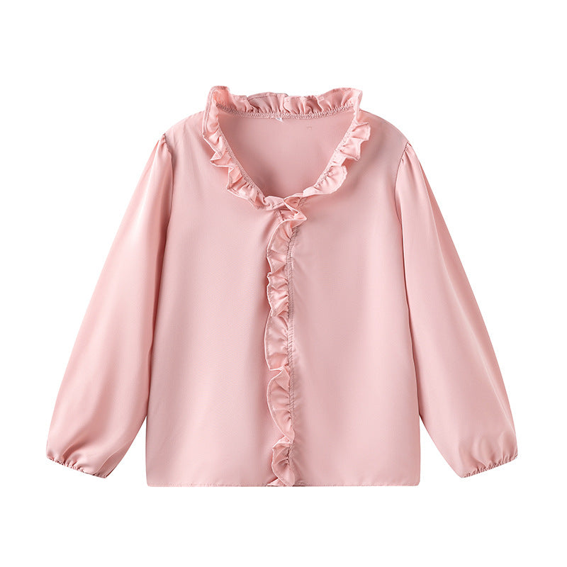 Helvig | Bluse med flæser i Rosa, forfra