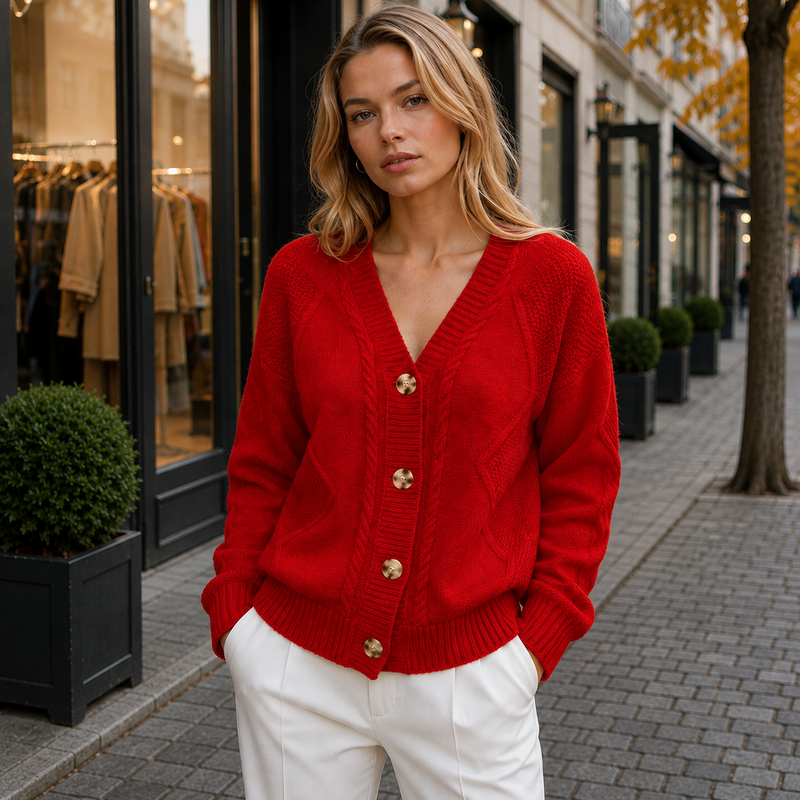 Sigrid | Cardigan med V-hals i Rød, forfra