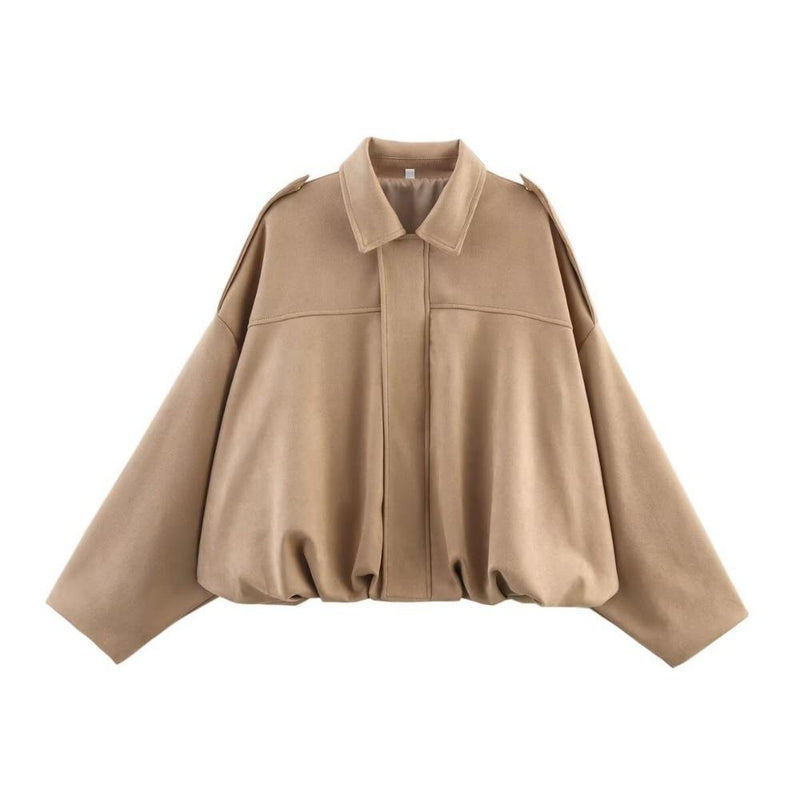 Bomberjakke Dame Oversize i Ruskindslook i Khaki, produktbillede