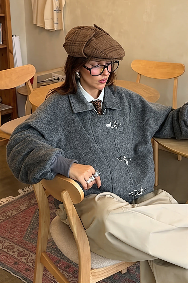 Oversized Wool-Look Bomber Jacket for Women with Toggle Clasp Front in Gray, seated view