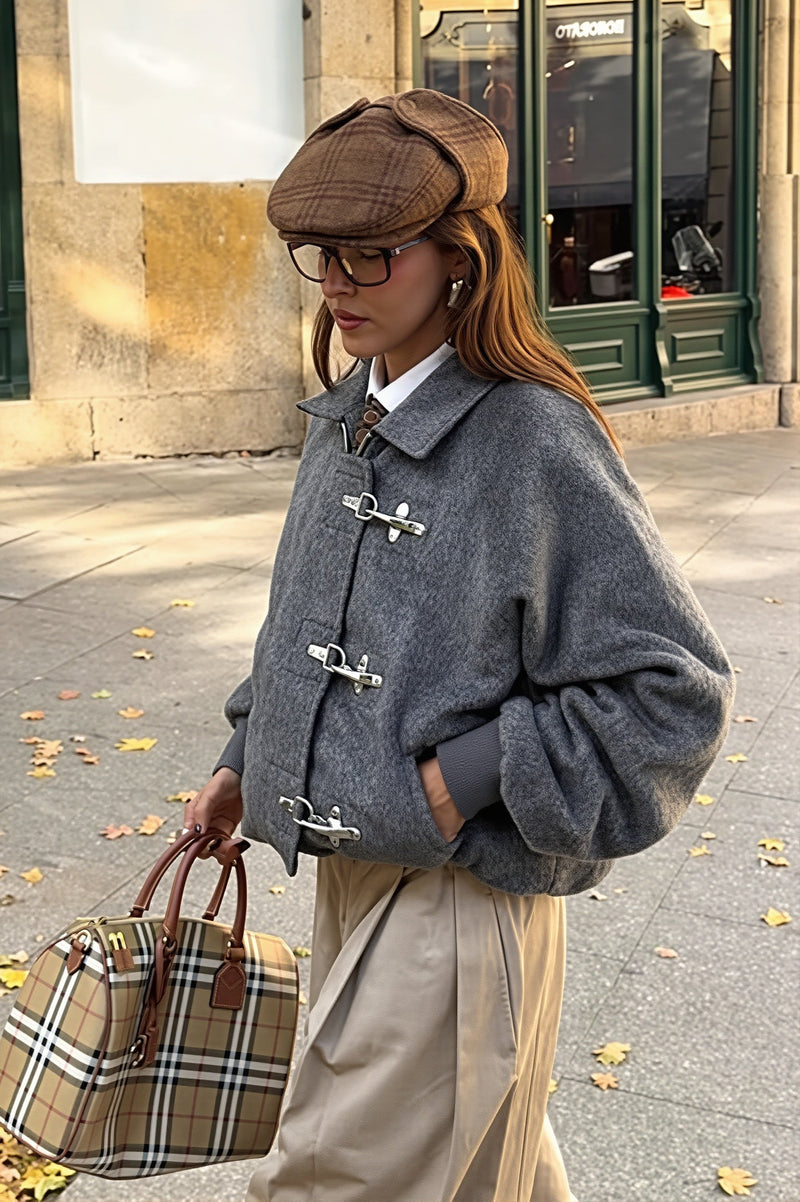 Oversized Wool-Look Bomber Jacket for Women with Toggle Clasp Front in Gray, side view