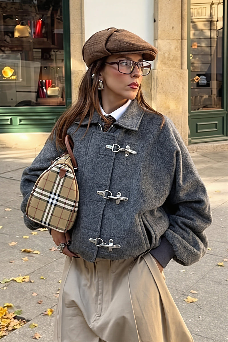 Oversized Wool-Look Bomber Jacket for Women with Toggle Clasp Front in Gray, street style view