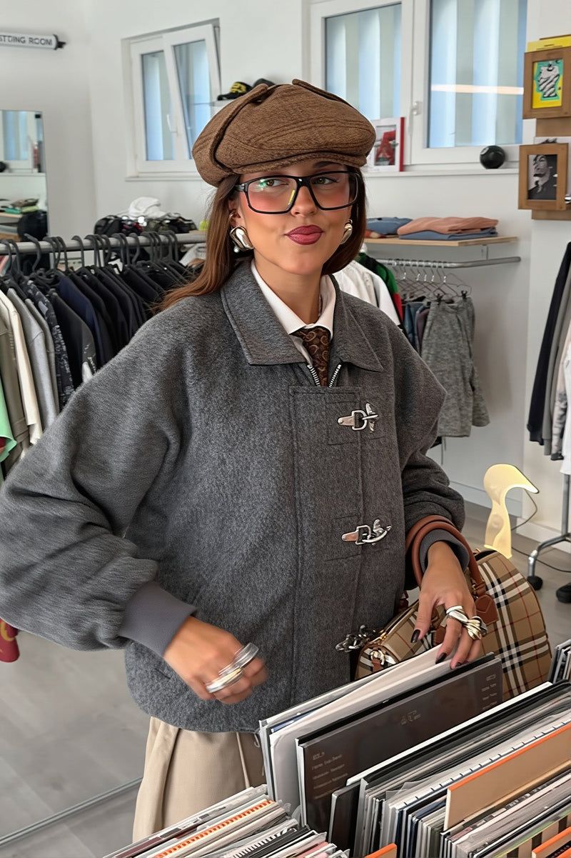 Oversized Wool-Look Bomber Jacket for Women with Toggle Clasp Front in Gray, styled view
