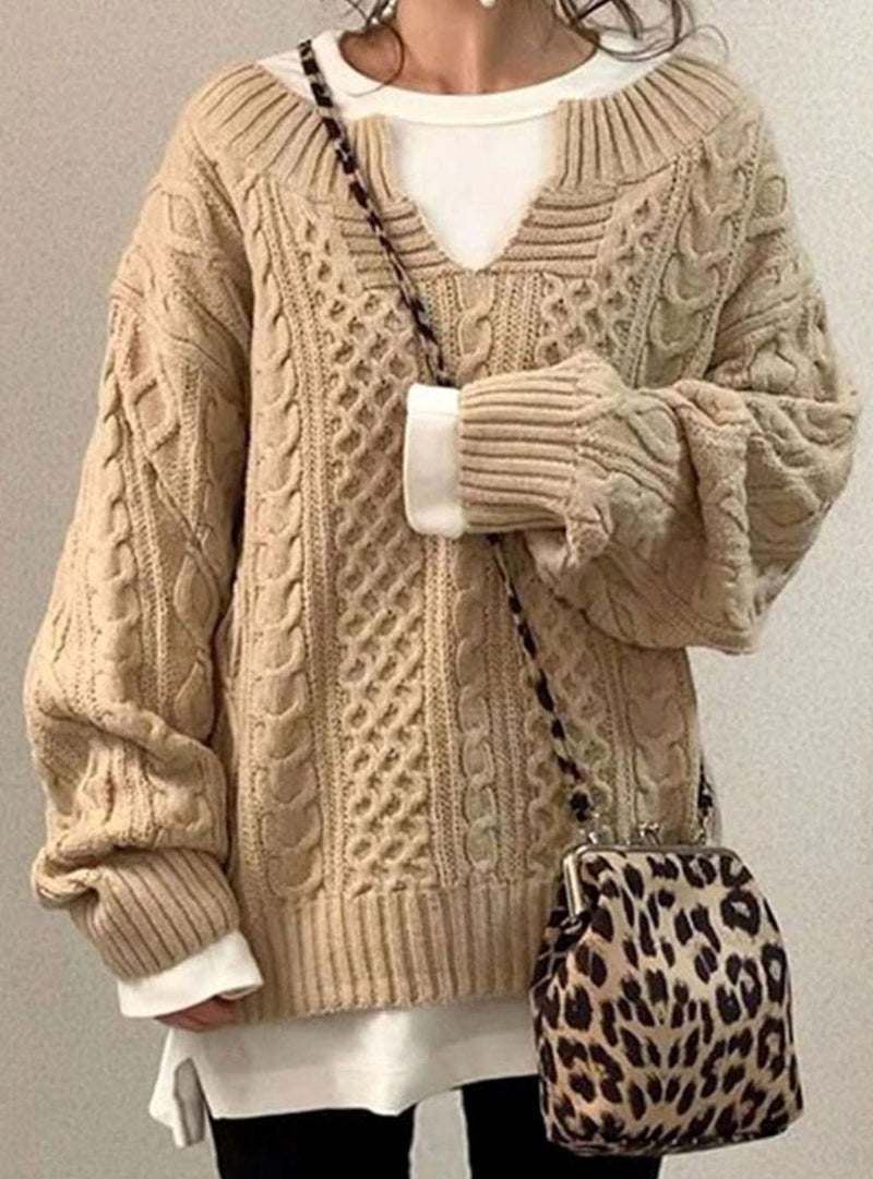 Oversized V Neck Cable Knit Sweater for Women with Dropped Shoulders in Beige, front view