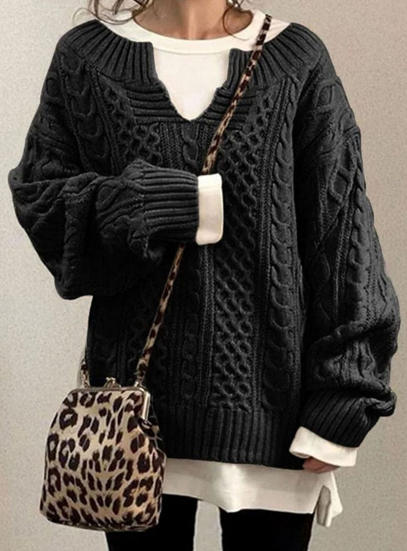 Oversized V Neck Cable Knit Sweater for Women with Dropped Shoulders in Black, front view