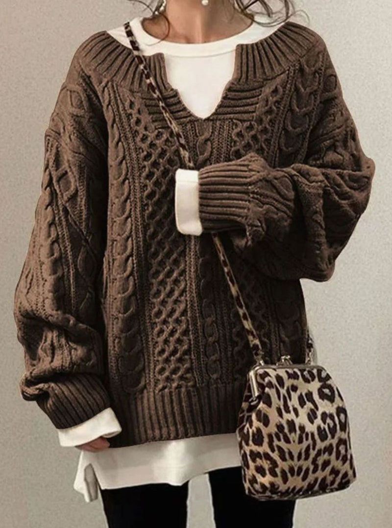 Oversized V Neck Cable Knit Sweater for Women with Dropped Shoulders in Brown, front view