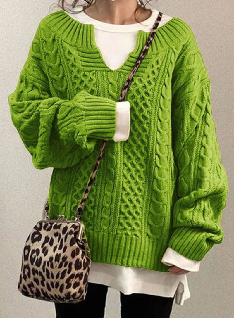 Oversized V Neck Cable Knit Sweater for Women with Dropped Shoulders in Green, front view