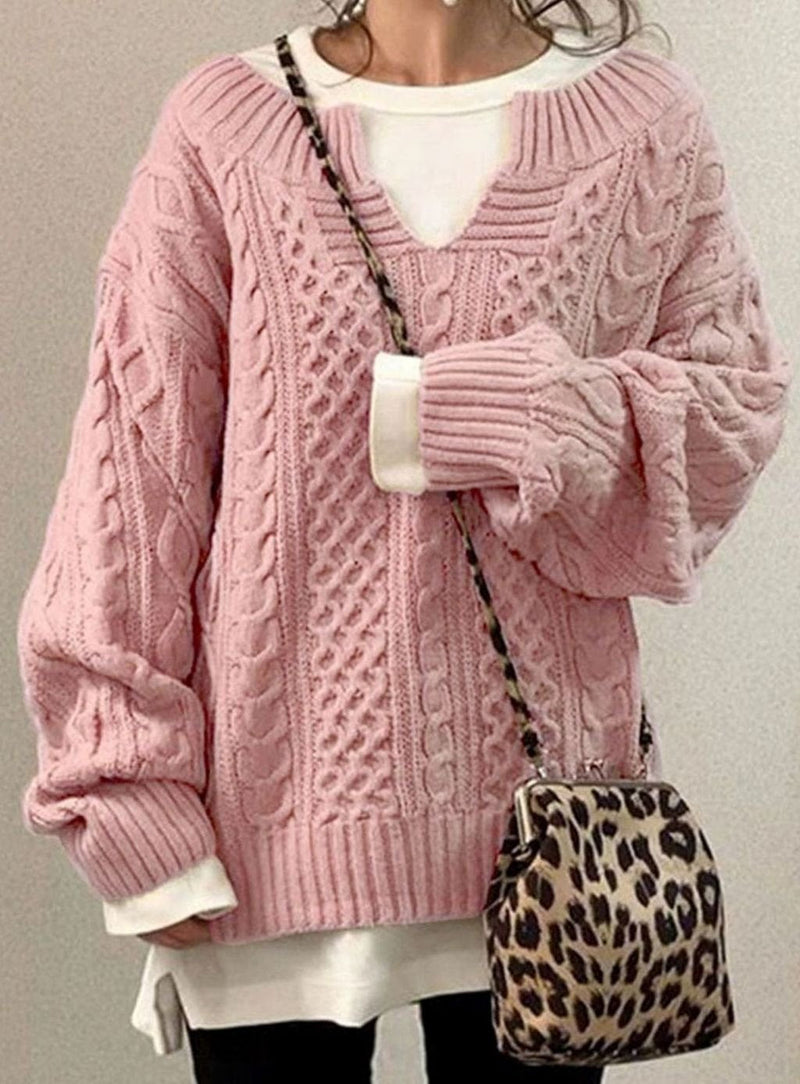 Oversized V Neck Cable Knit Sweater for Women with Dropped Shoulders in Pink, front view