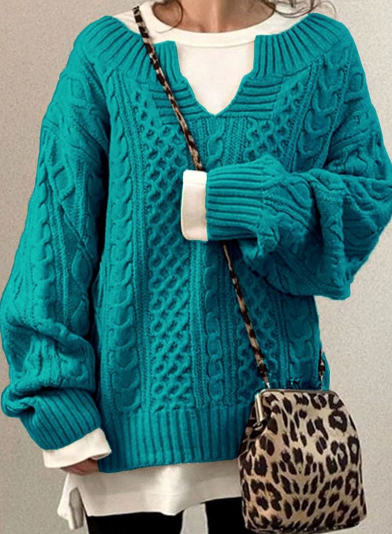 Oversized V Neck Cable Knit Sweater for Women with Dropped Shoulders in Teal, front view
