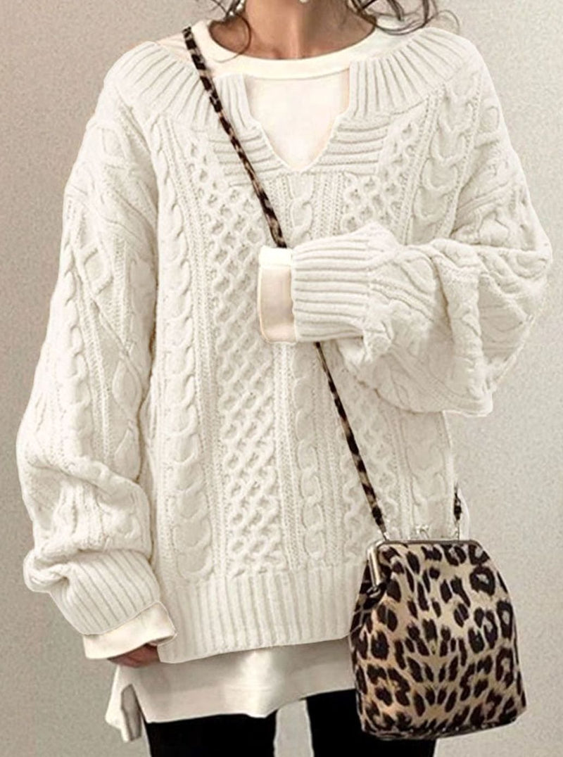 Oversized V Neck Cable Knit Sweater for Women with Dropped Shoulders in White, front view 2
