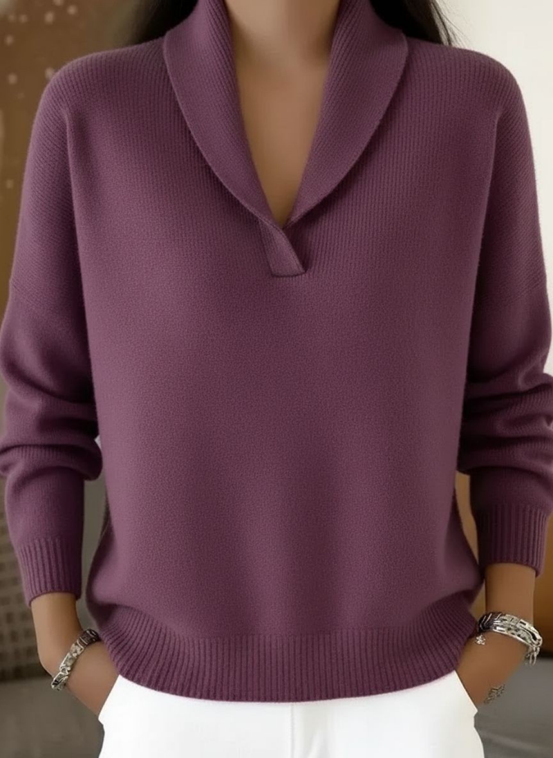 Shawl Collar V-Neck Sweater for Women with Ribbed Cuffs and Hem in Purple, front view