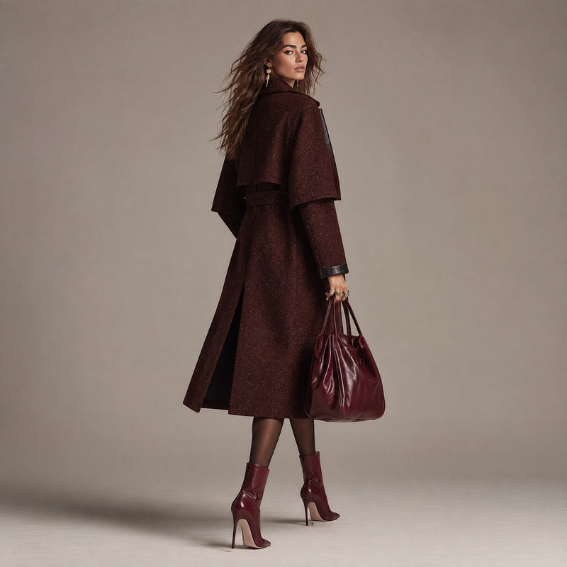 Wool-Look Trench Coat for Women with Faux Leather Trim and Cape Yoke in Burgundy, back view