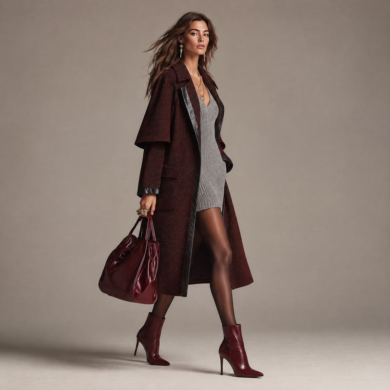 Wool-Look Trench Coat for Women with Faux Leather Trim and Cape Yoke in Burgundy, side view