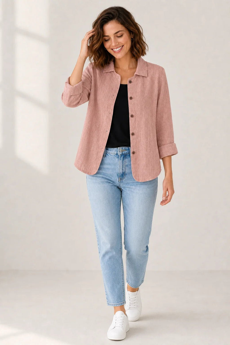 Sofaine Addison open layering blouse in dusty pink, styled full look with jeans and sneakers