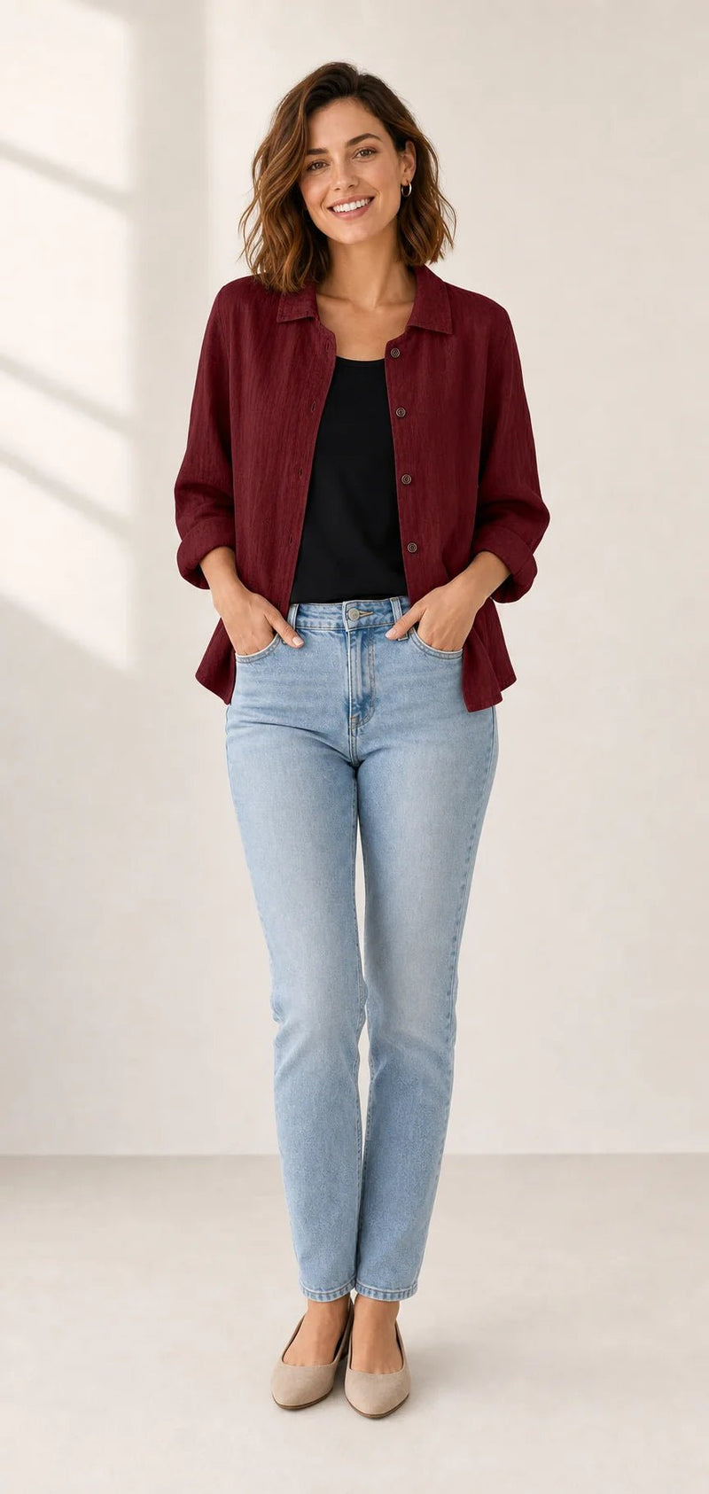 Sofaine Addison collared layering blouse in burgundy, worn open over a black top, front view