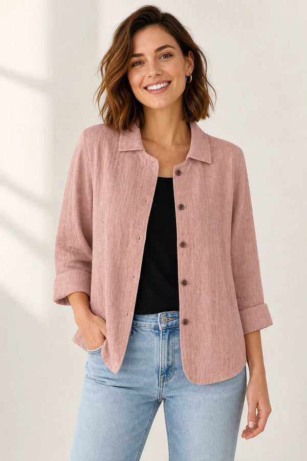 Sofaine Addison collared button-front layering blouse in dusty pink, worn open over a black top, front view