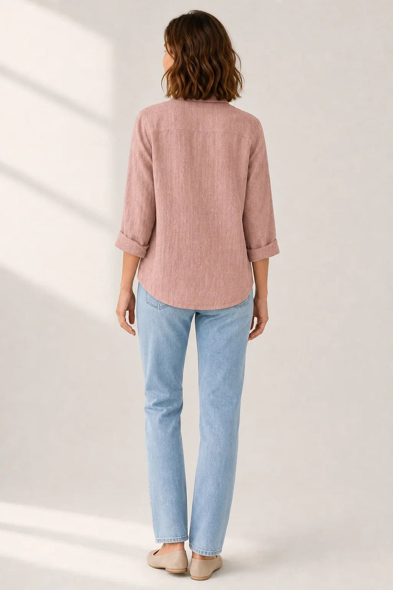 Sofaine Addison lightweight layering blouse in dusty pink, back view with rolled cuffs