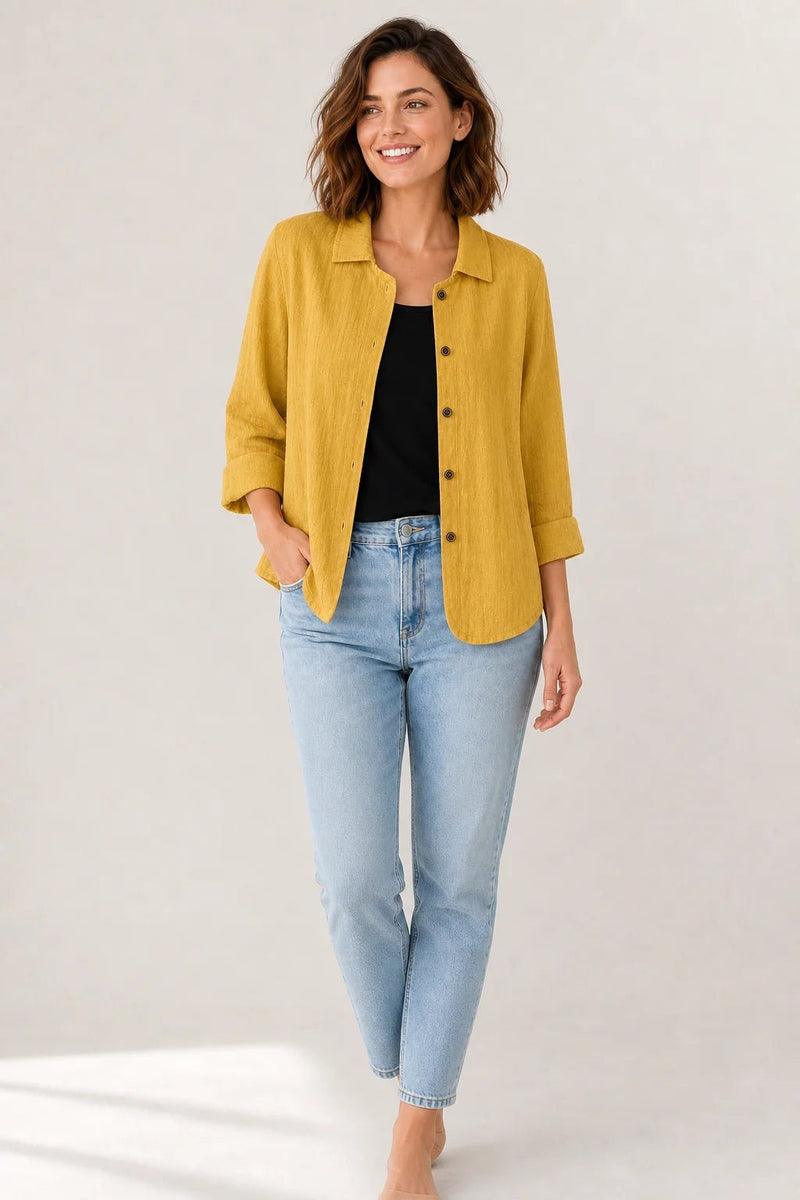Sofaine Addison button-front layering blouse in mustard yellow, worn open, styled full look