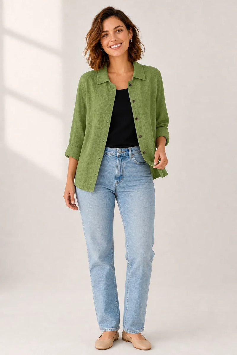 Sofaine Addison button-front layering blouse in green, worn open, styled full look with jeans