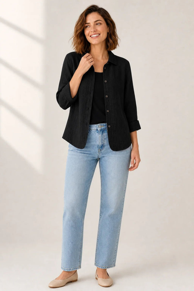 Sofaine Addison textured button-front layering blouse in black, worn open, full look with jeans