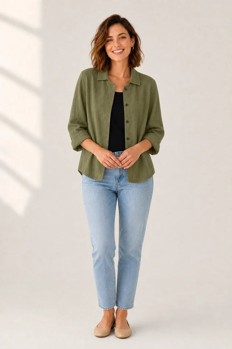 Sofaine Addison lightweight layering blouse in olive green, worn open, front view with jeans