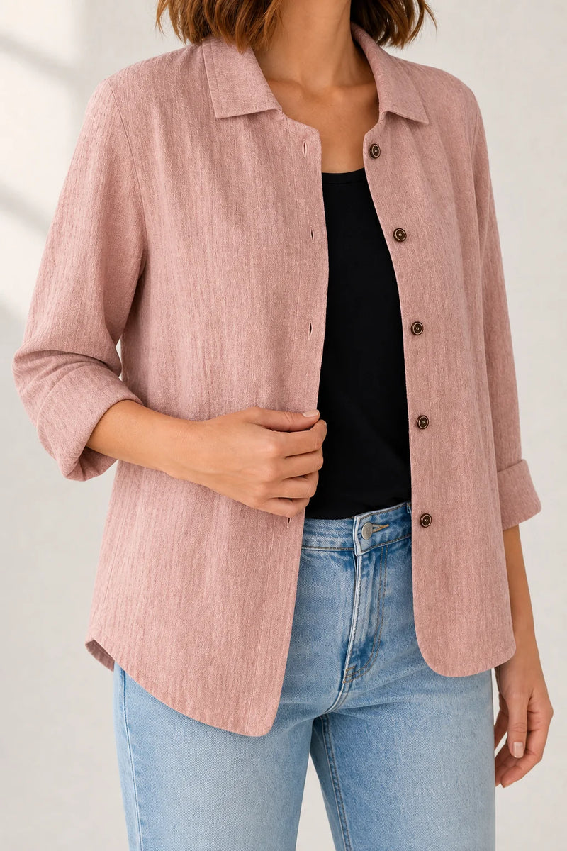 Sofaine Addison linen layering blouse in Pink, collar and button detail