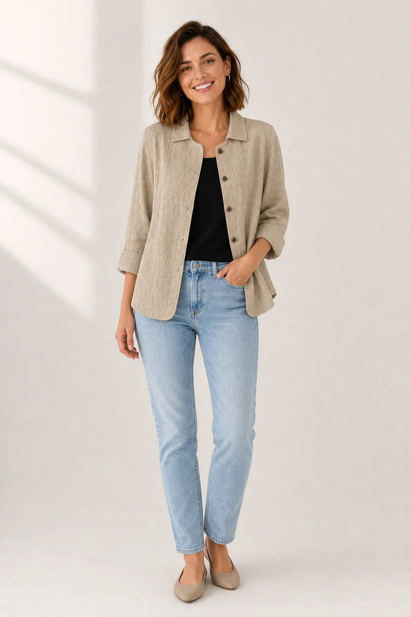 Sofaine Addison linen layering blouse in Khaki, worn front