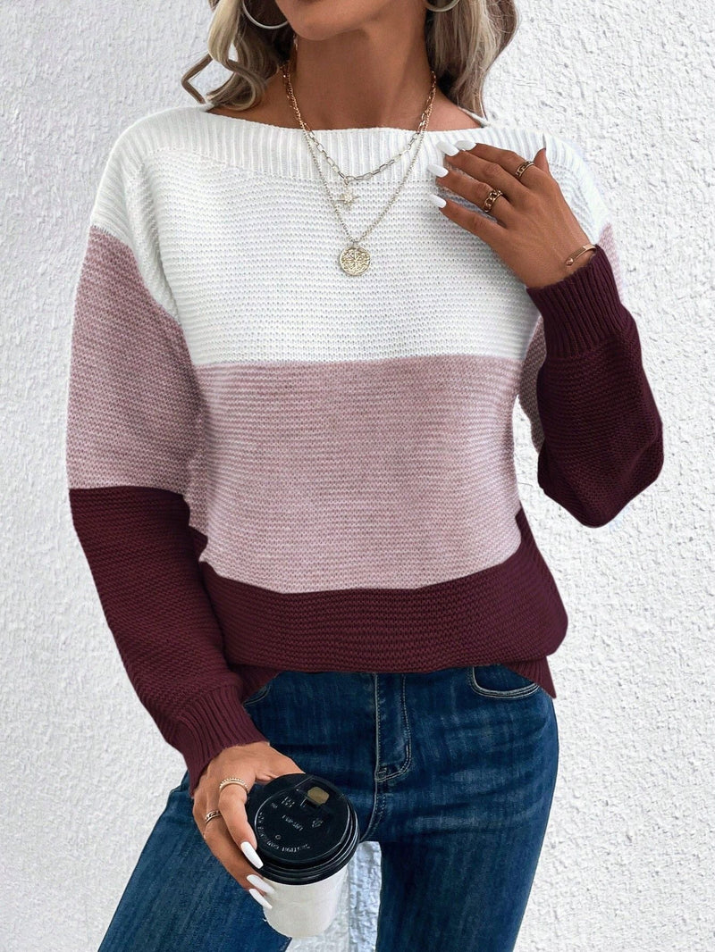 Color Block Boat Neck Sweater for Women with Ribbed Cuffs and Hem in Burgundy, front view