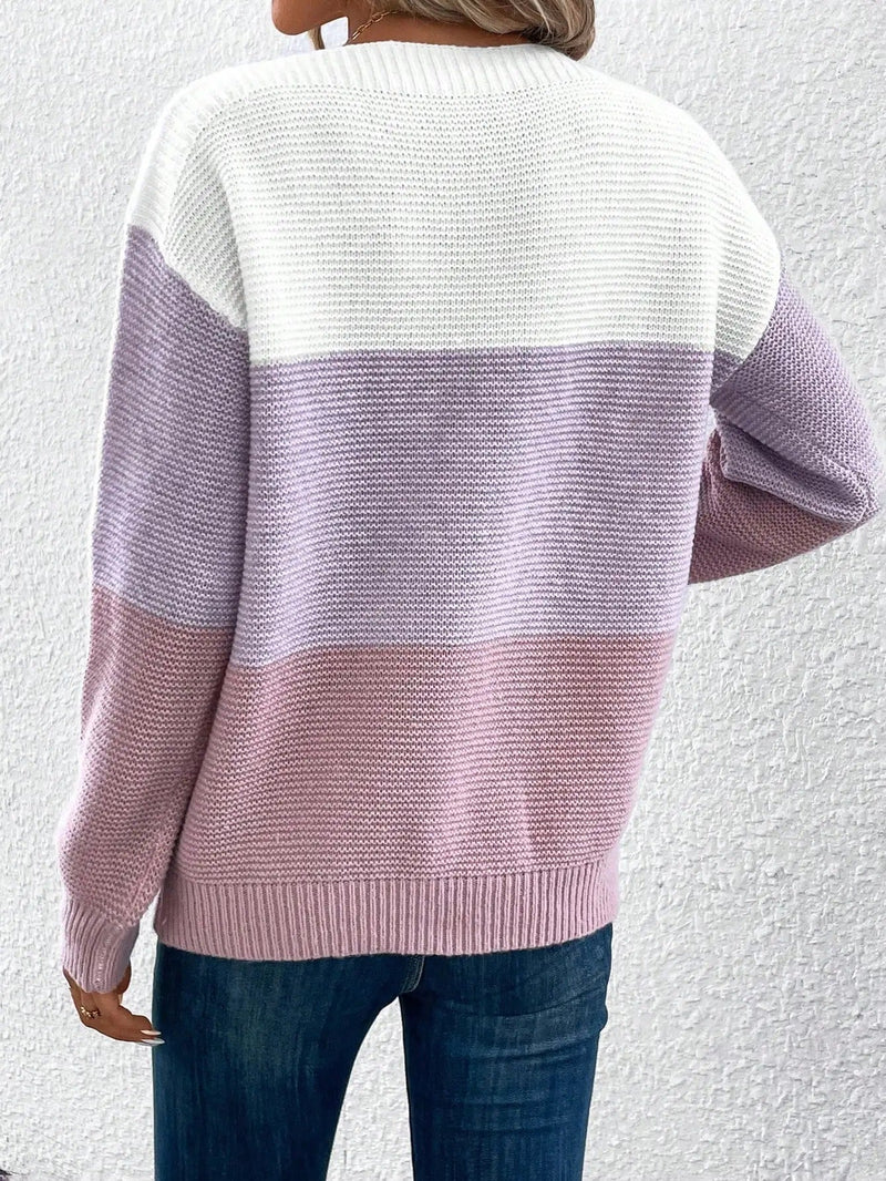 Color Block Boat Neck Sweater for Women with Ribbed Cuffs and Hem in Purple, back view
