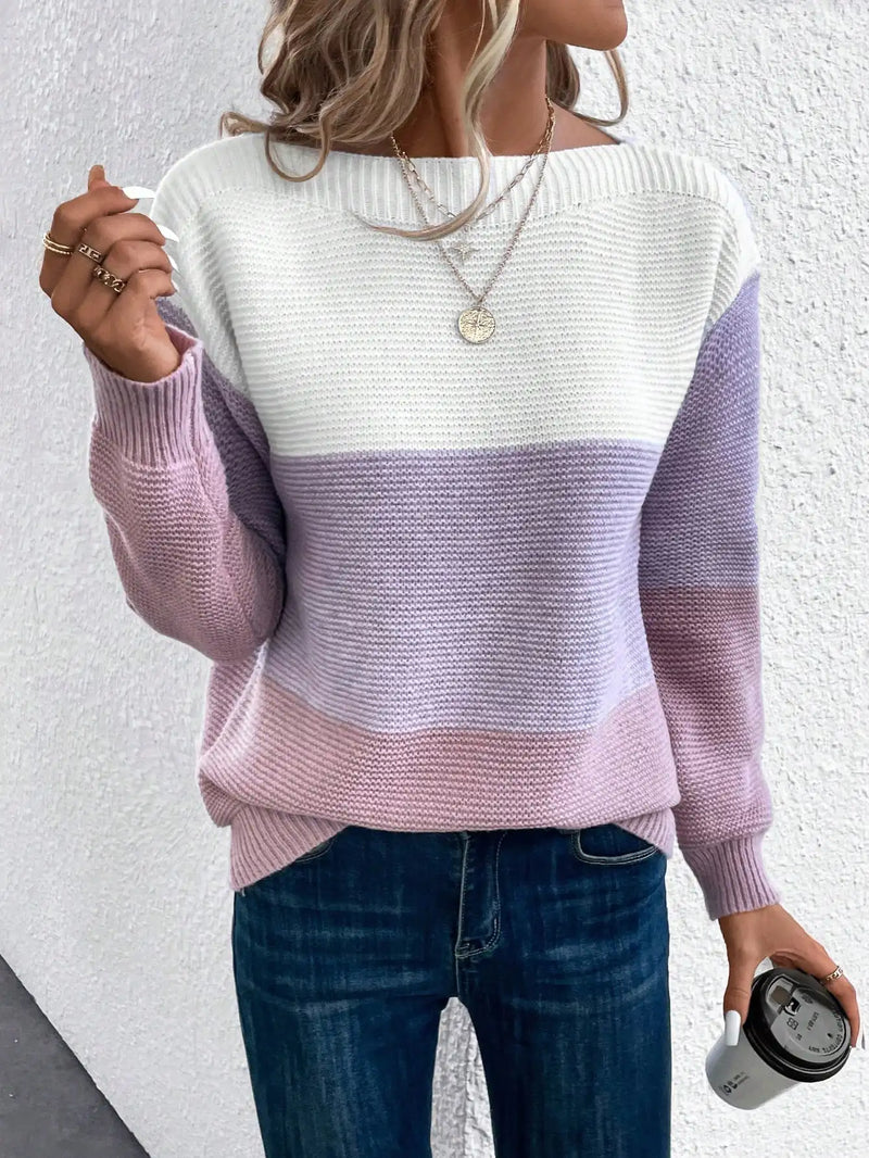 Color Block Boat Neck Sweater for Women with Ribbed Cuffs and Hem in Purple, front view