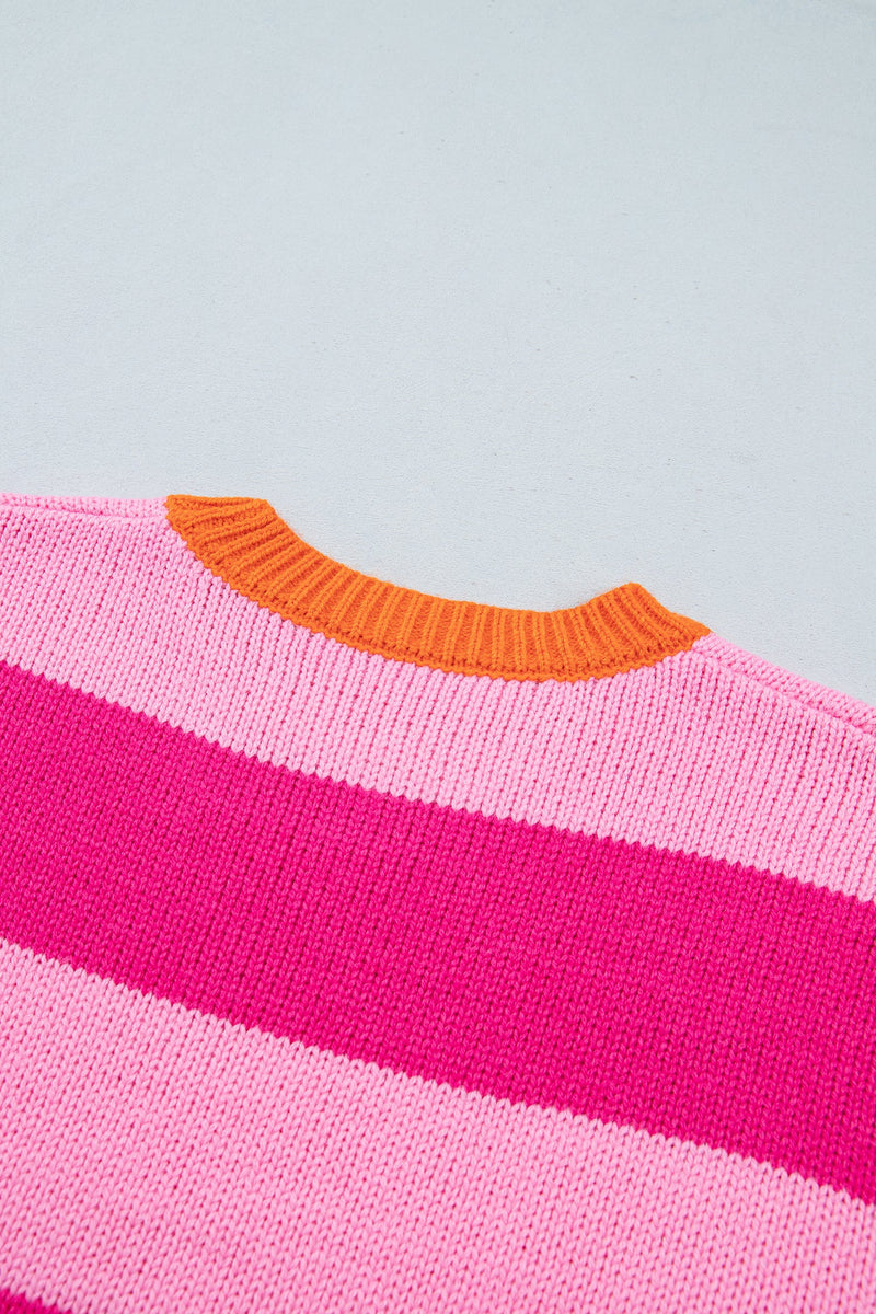 Color Block Striped Sweater for Women with Contrast Ribbed Trim in Pink, back collar detail