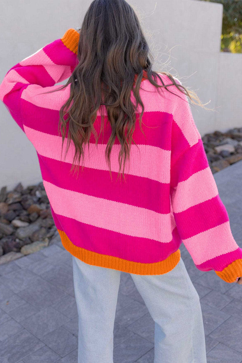 Color Block Striped Sweater for Women with Contrast Ribbed Trim in Pink, back view