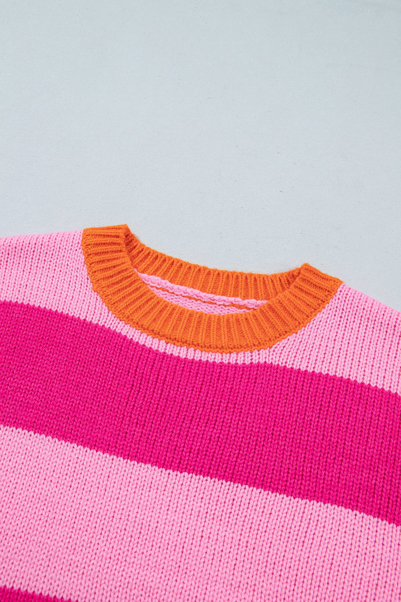 Color Block Striped Sweater for Women with Contrast Ribbed Trim in Pink, collar detail