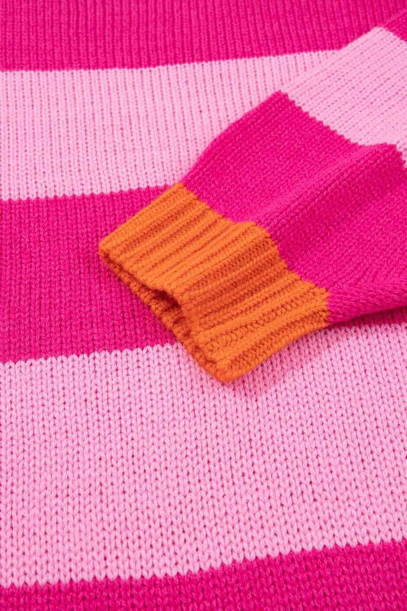 Color Block Striped Sweater for Women with Contrast Ribbed Trim in Pink, cuff detail