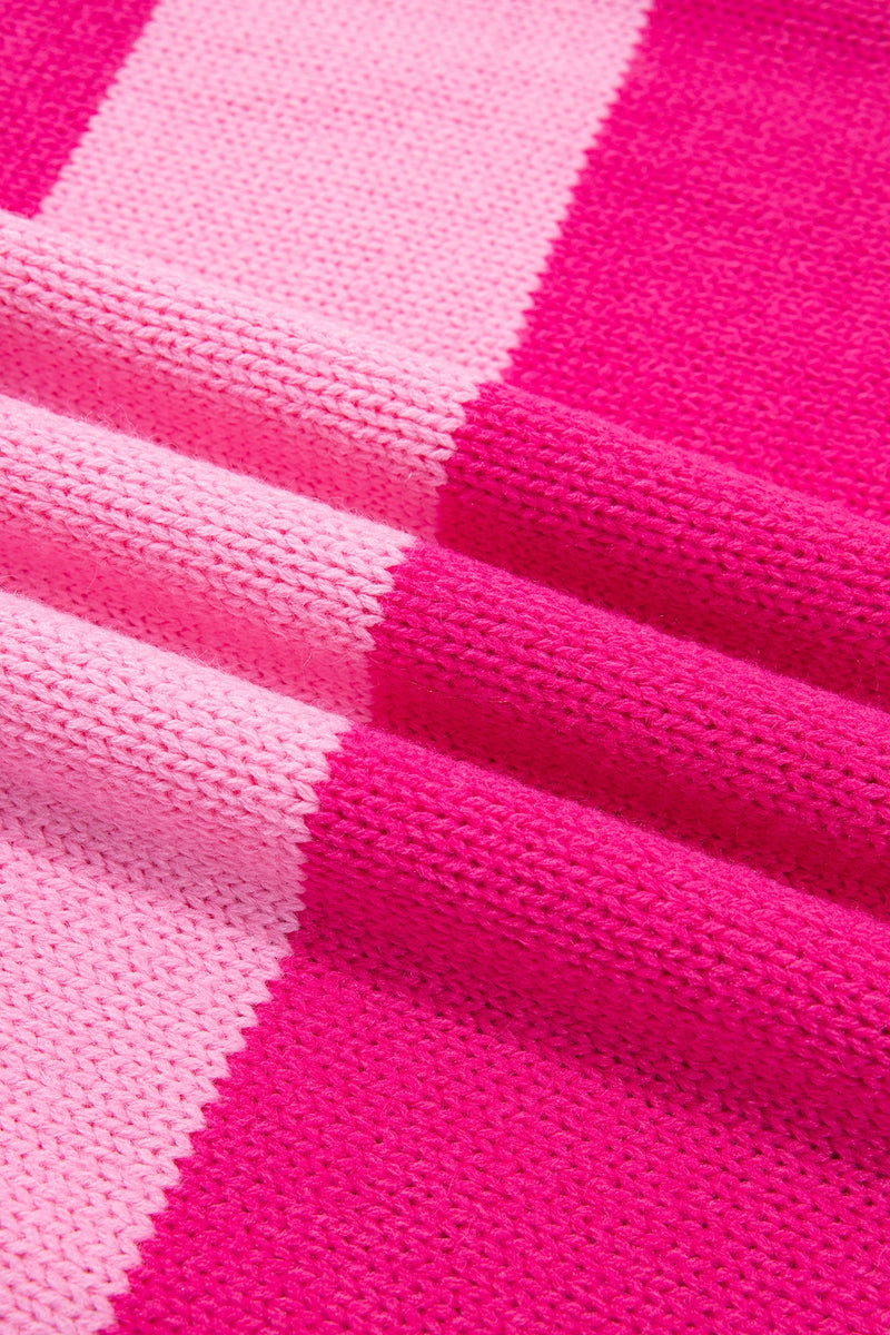 Color Block Striped Sweater for Women with Contrast Ribbed Trim in Pink, fabric close-up